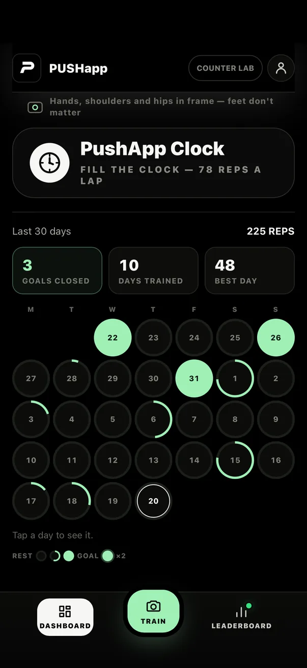 PUSHapp training calendar showing 30 days of push-up sessions and closed goals