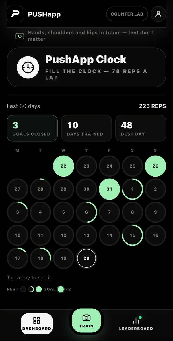 PUSHapp training calendar showing 30 days of push-up sessions and closed goals