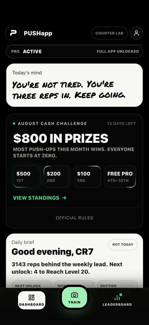 PUSHapp monthly cash challenge with prizes for most push-ups