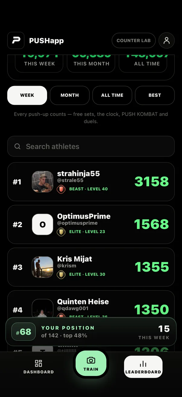 PUSHapp global pushup leaderboard with weekly rankings and community rep totals
