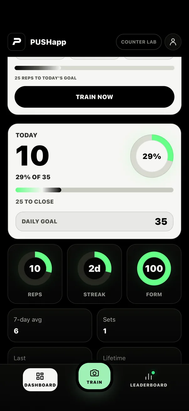 PUSHapp dashboard with daily push-up goal progress, streak and form score rings