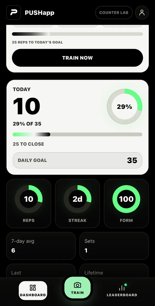 PUSHapp dashboard with daily push-up goal progress, streak and form score rings