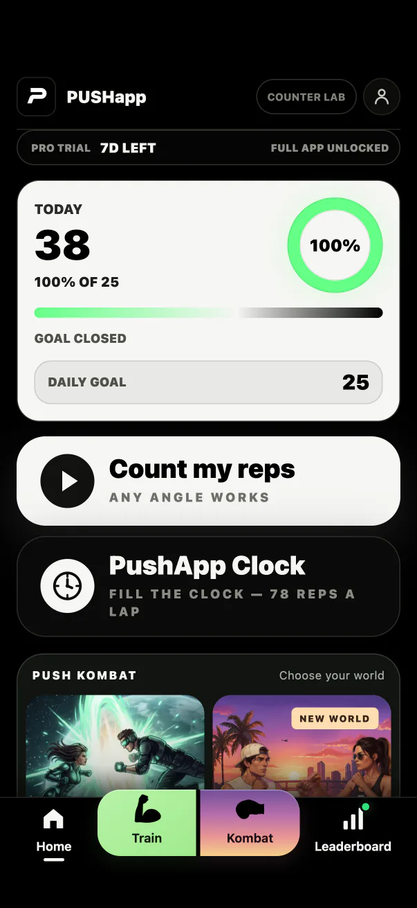 PUSHapp home screen with today's 38 push-ups, a closed daily goal ring, Count my reps, PushApp Clock and the PUSH KOMBAT worlds