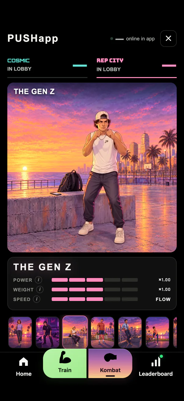 PUSH KOMBAT Rep City lobby with the Gen Z fighter on a sunset boardwalk
