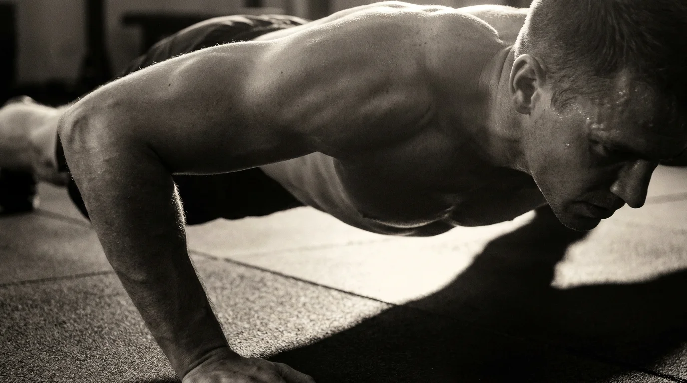 Close editorial push-up image focused on shoulder and upper body strength