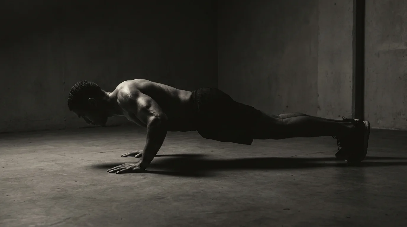 Athlete performing a controlled decline push-up in a dark editorial training space