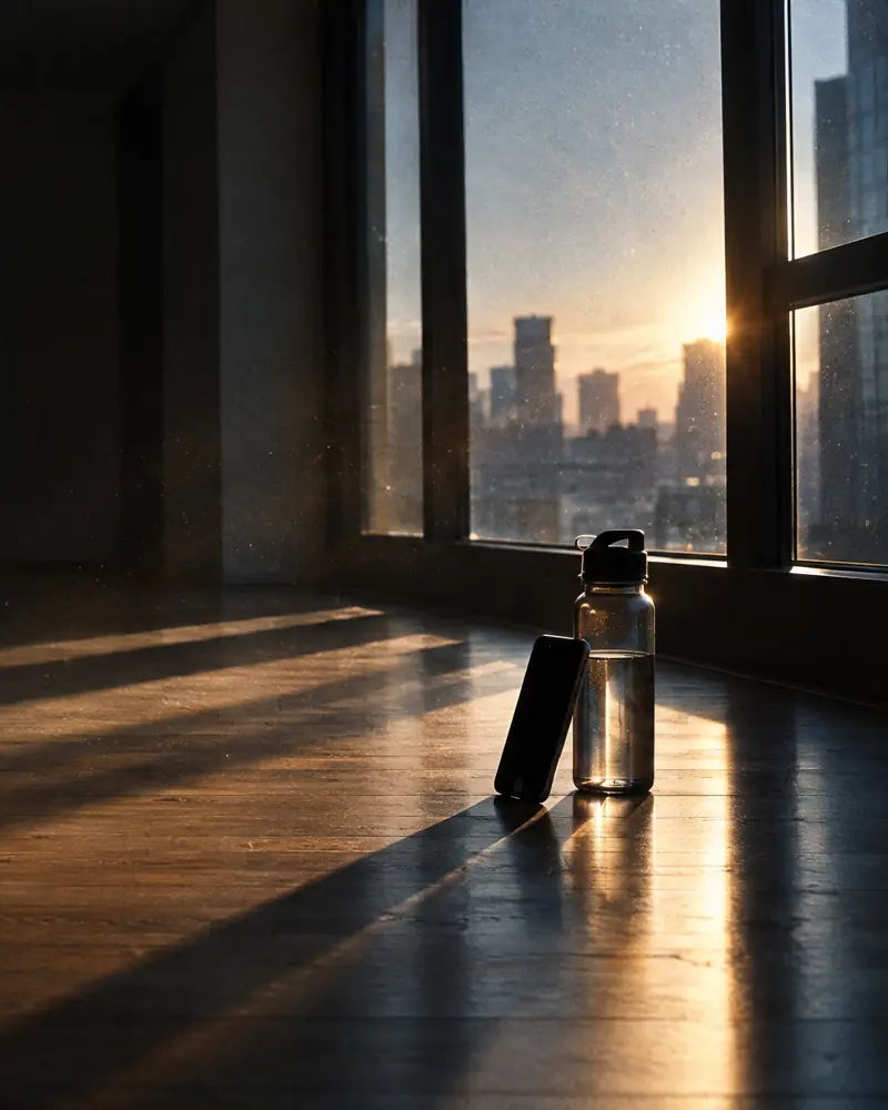 A phone leaning against a water bottle on a wooden floor at sunrise, ready to film a push-up set