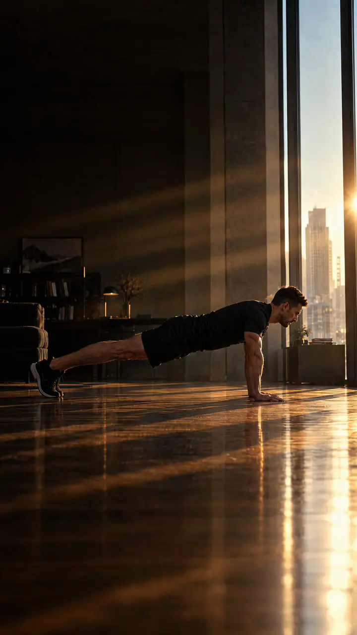 Athlete holding a push-up plank at dawn, filmed side-on by a phone standing on the floor