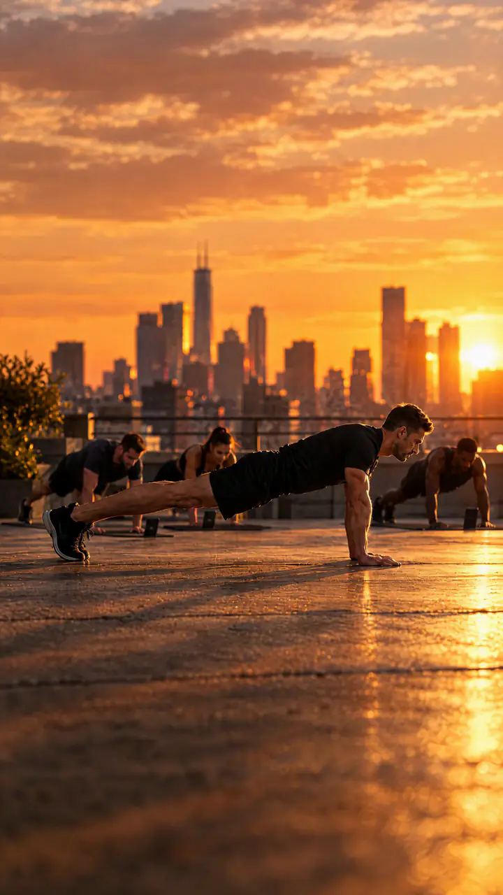 Example share card: 42 clean push-ups on a rooftop at sunset, with the PUSH mark