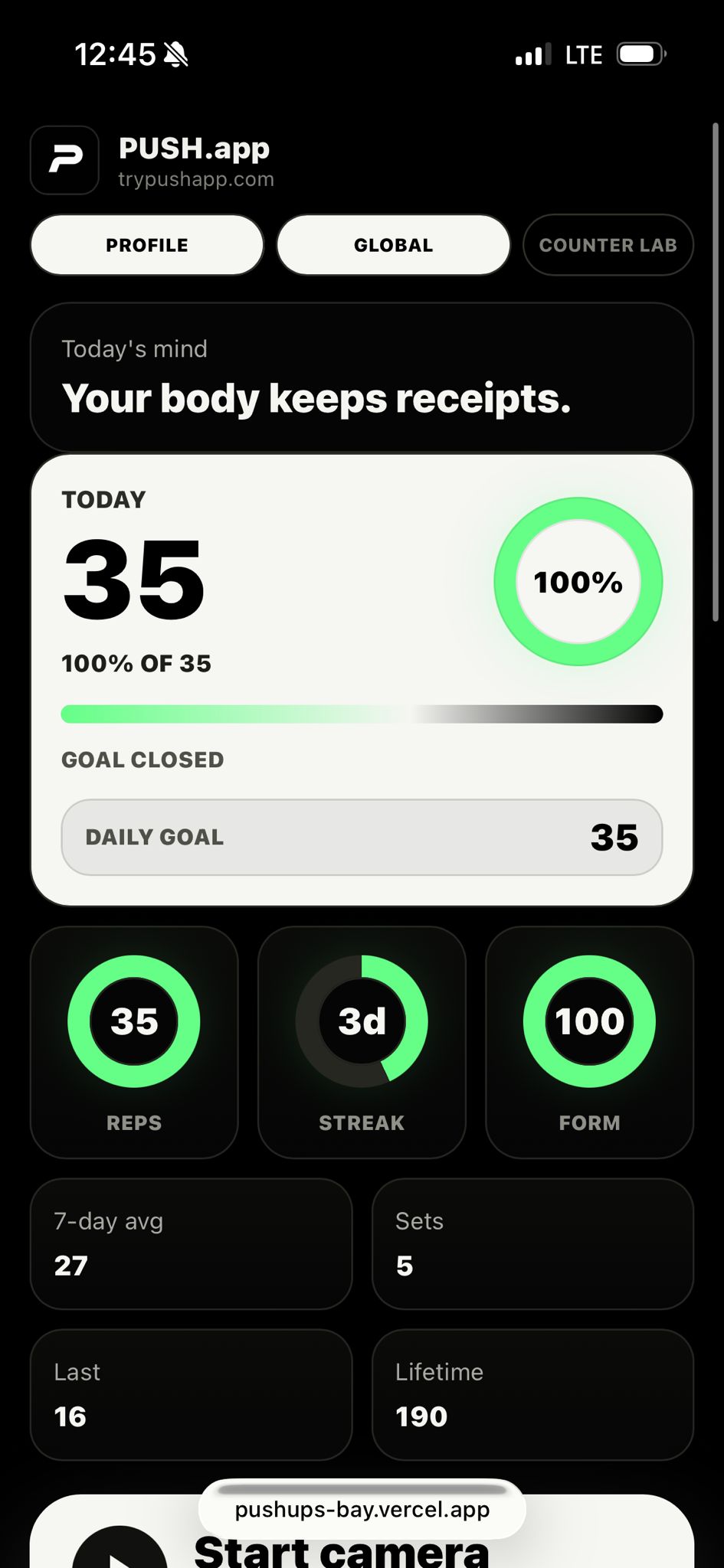 PUSHapp dashboard showing today's reps and daily goal
