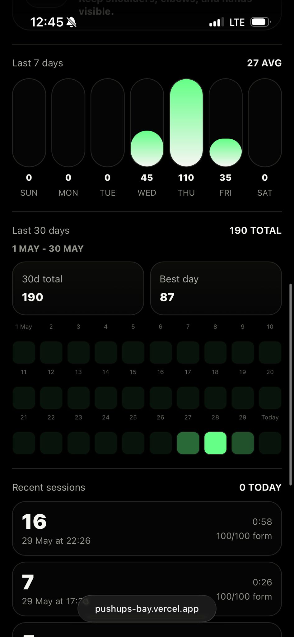 PUSHapp 7-day and 30-day pushup stats