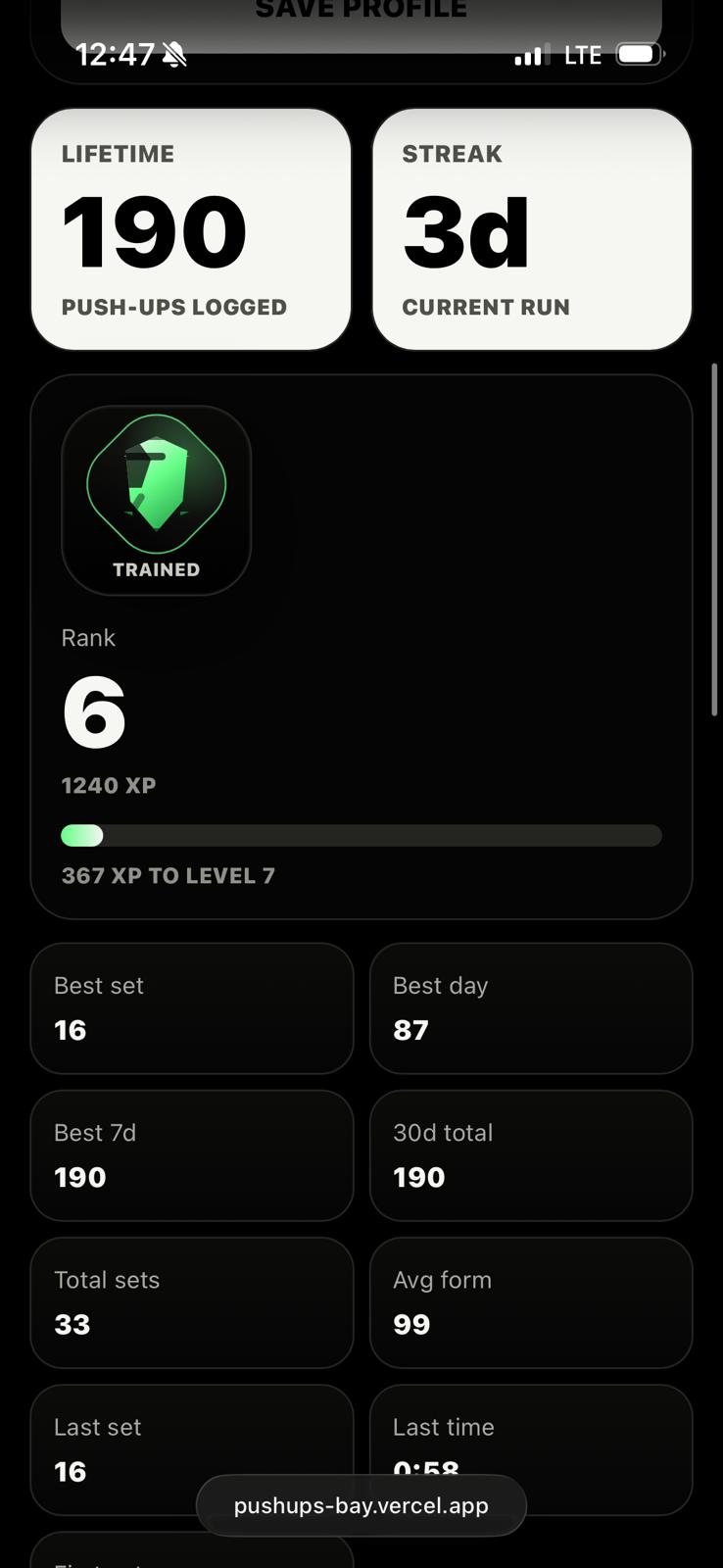 PUSHapp badges and XP progress